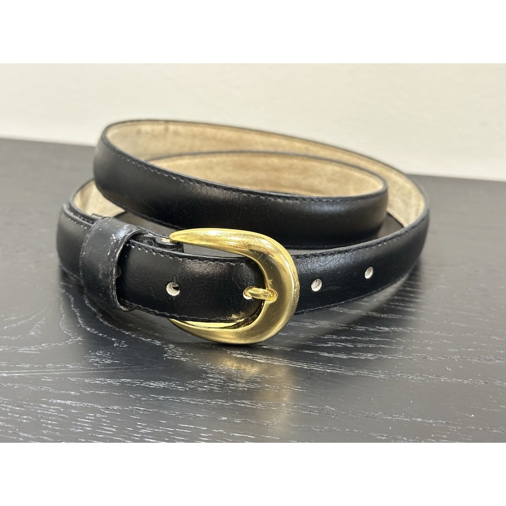 Vintage Black Genuine Leather Belt Gold Tone Buckle Thin Women's XL  READ